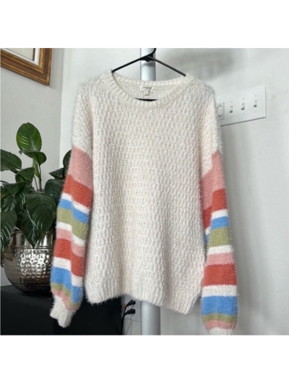 Umgee Knit Sweater Sz M ivory Striped Colorful Long Sleeves Crew